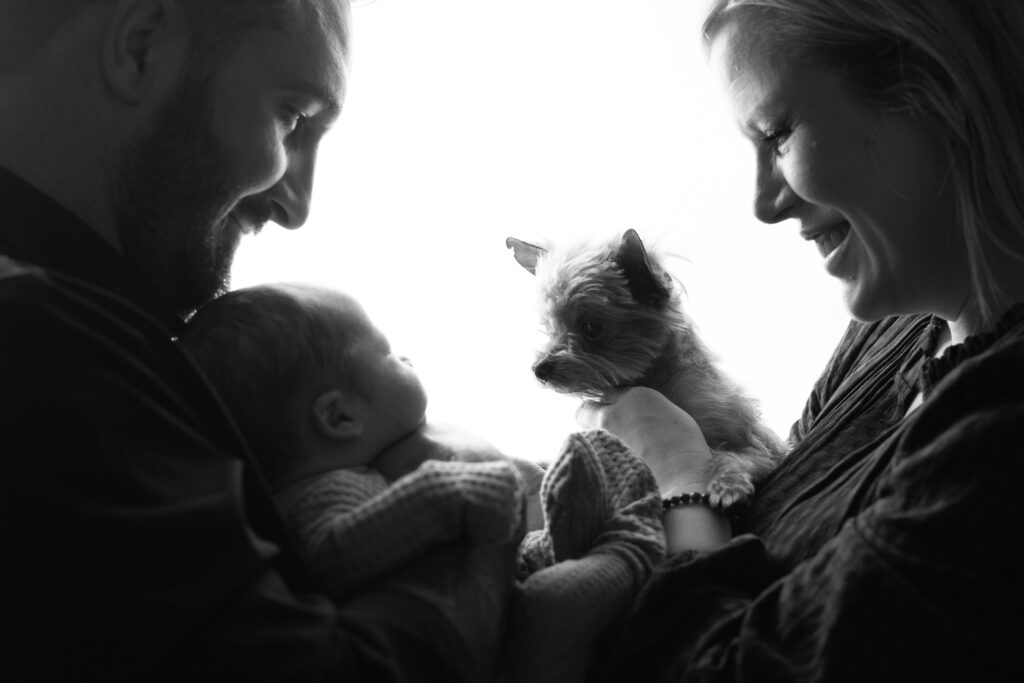 backlit baby photo with a dog and parents 