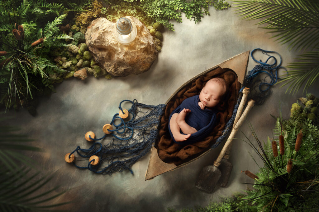 Baby photoshoot with newborn baby swaddled in a blue wrap lying in a boat 