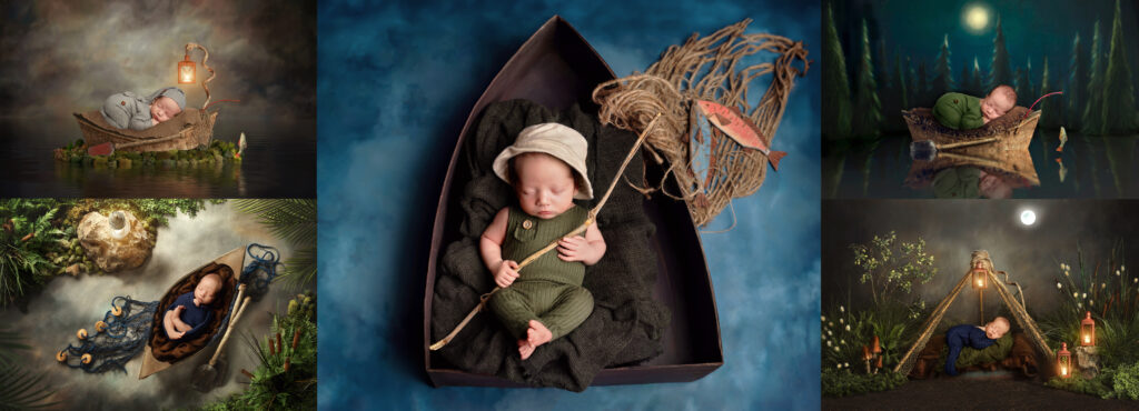 Beautiful scenes with newborn baby in a camping and fishing themed photoshoot